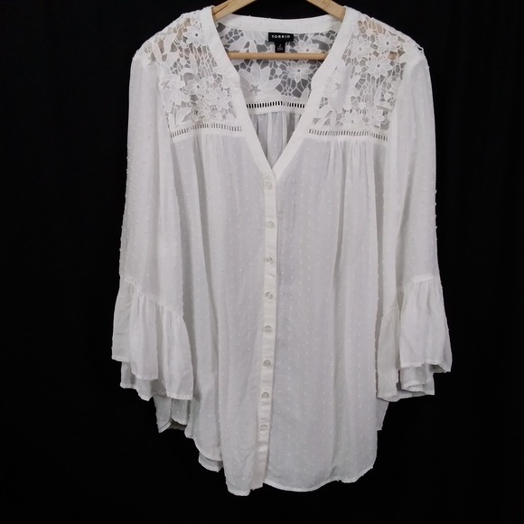 Torrid Swiss Dot Lace Inset Button Down 3/4 Bell Sleeve Blouse Top Plus Size 2 - Picture 1 of 6